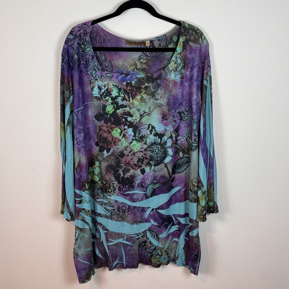 Notations Women's Blue Floral Textured  Rhinestone Tunic Stretch Top  3X Comfort